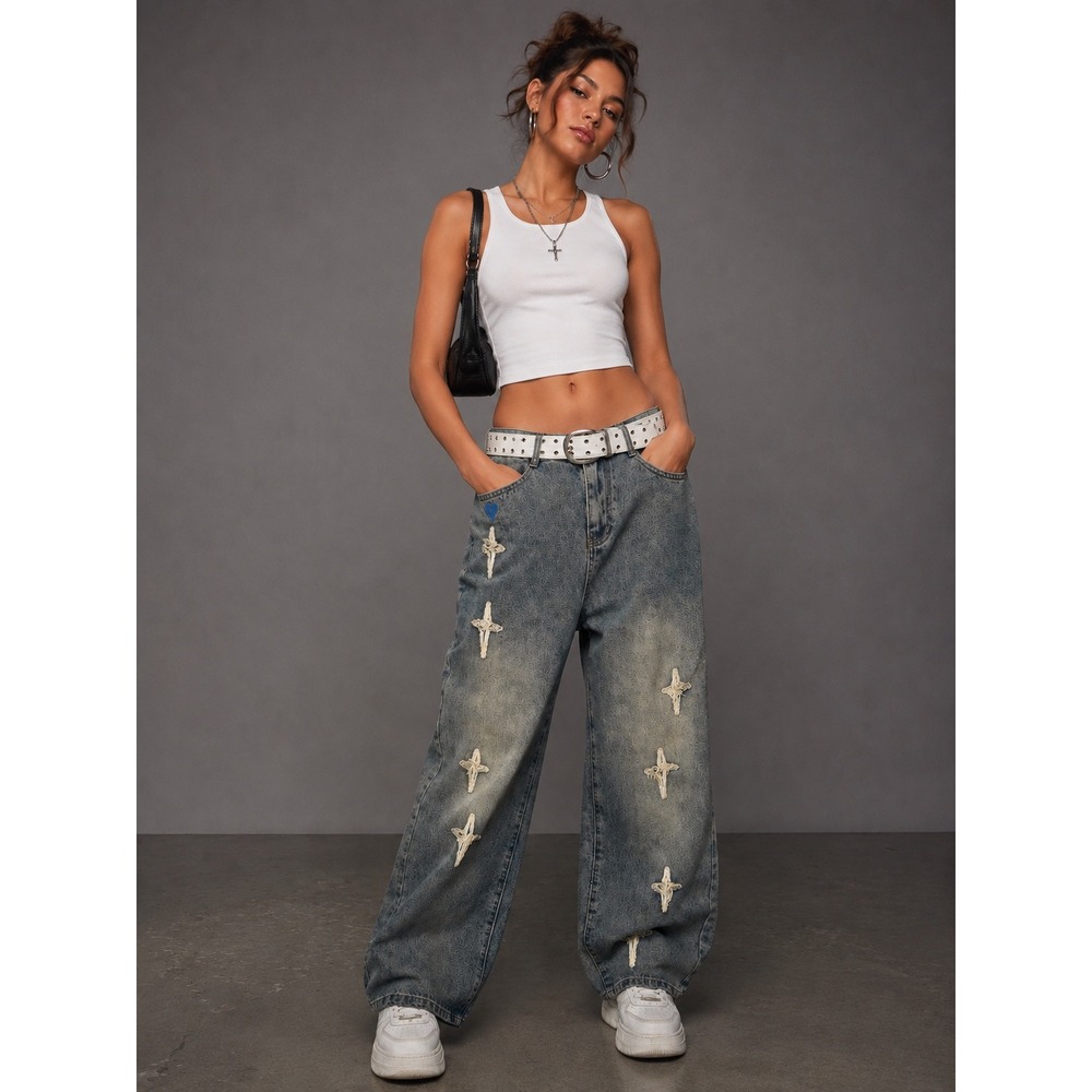 NWT Aelfric Eden Star Cross Embroidered Patch‎ Oversized Baggy Jeans 28 Unisex